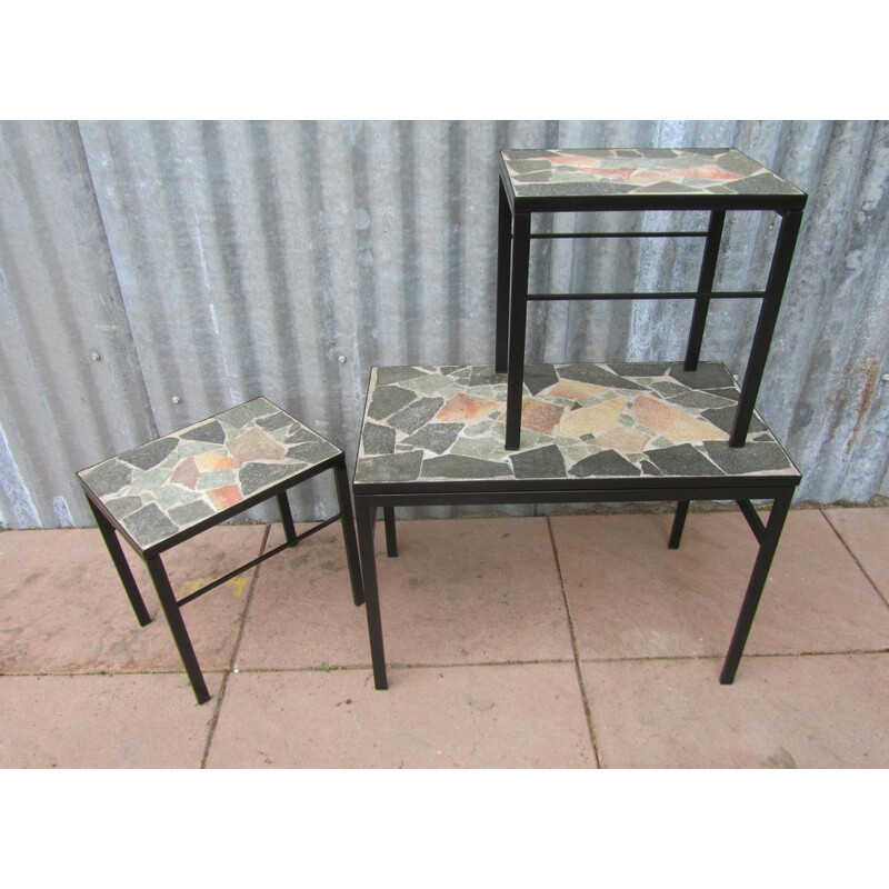 Set of 3 brutalist nesting tables in stone - 1960s