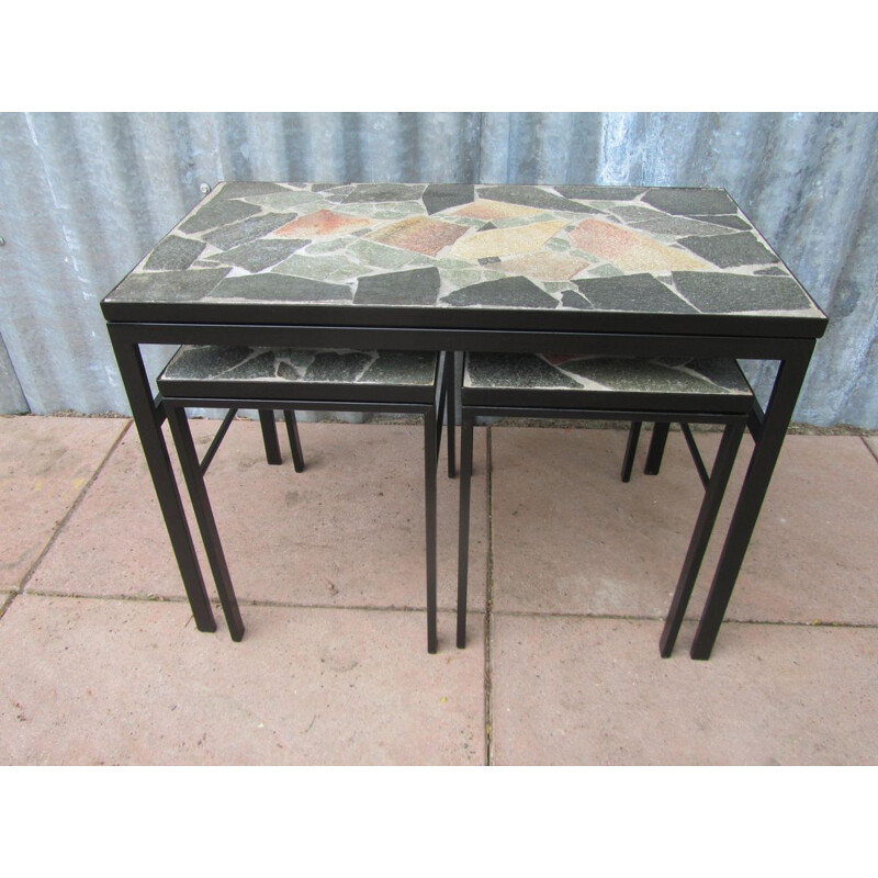 Set of 3 brutalist nesting tables in stone - 1960s