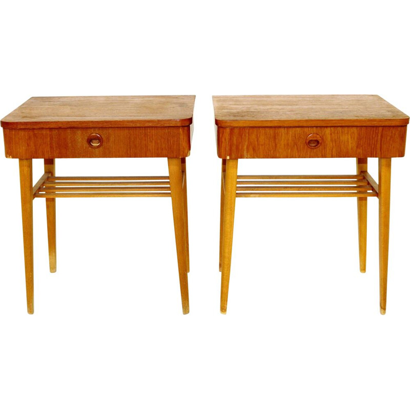 Pair of vintage teak and beech bedside tables, Sweden, 1960