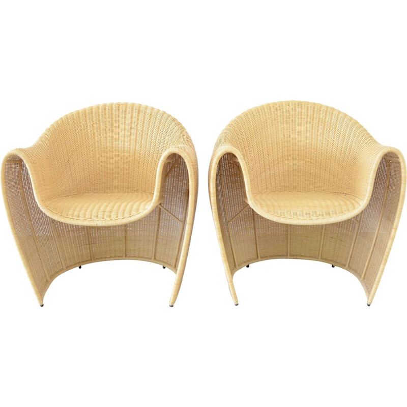 Pair of Vintage Driade King Tubby rattan armchairs by Miki Astori 1995