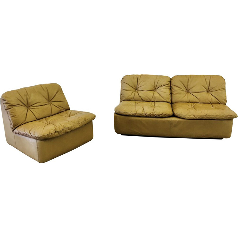 Pair of Vintage Cord reipunkt sofa set in cognac leather 1960s