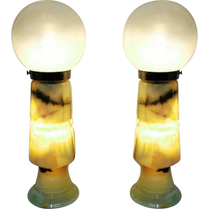 Grande paire de lampes vintage en onyx taillé et verre 1960