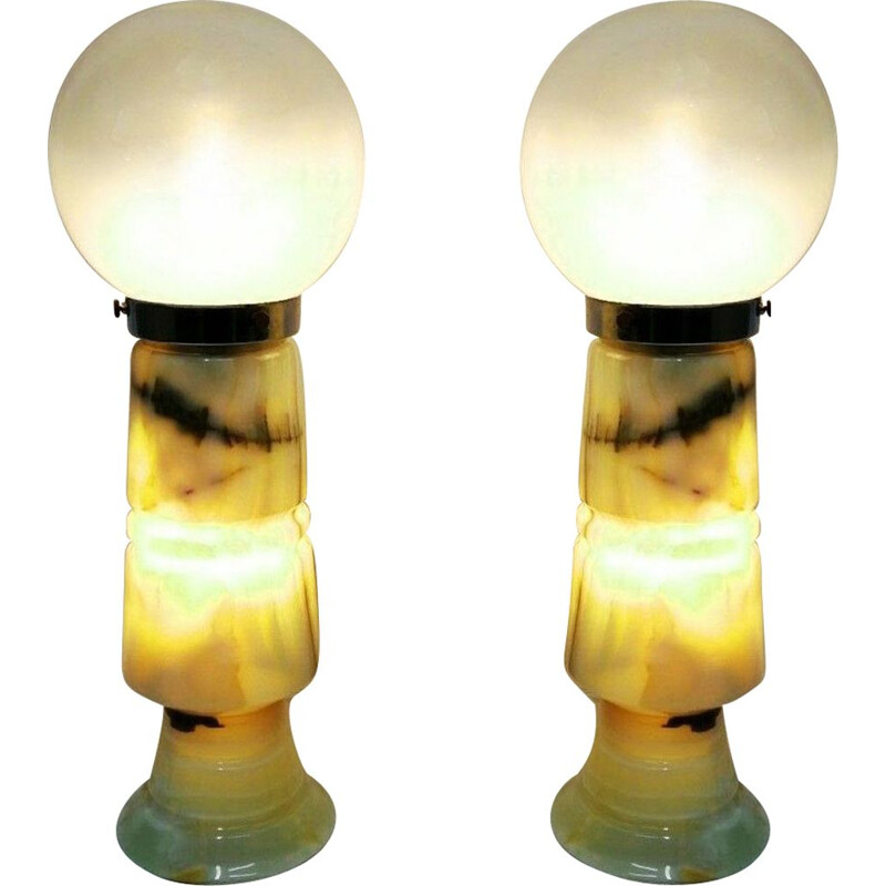Large pair of vintage cut onyx and glass 1960s lamps