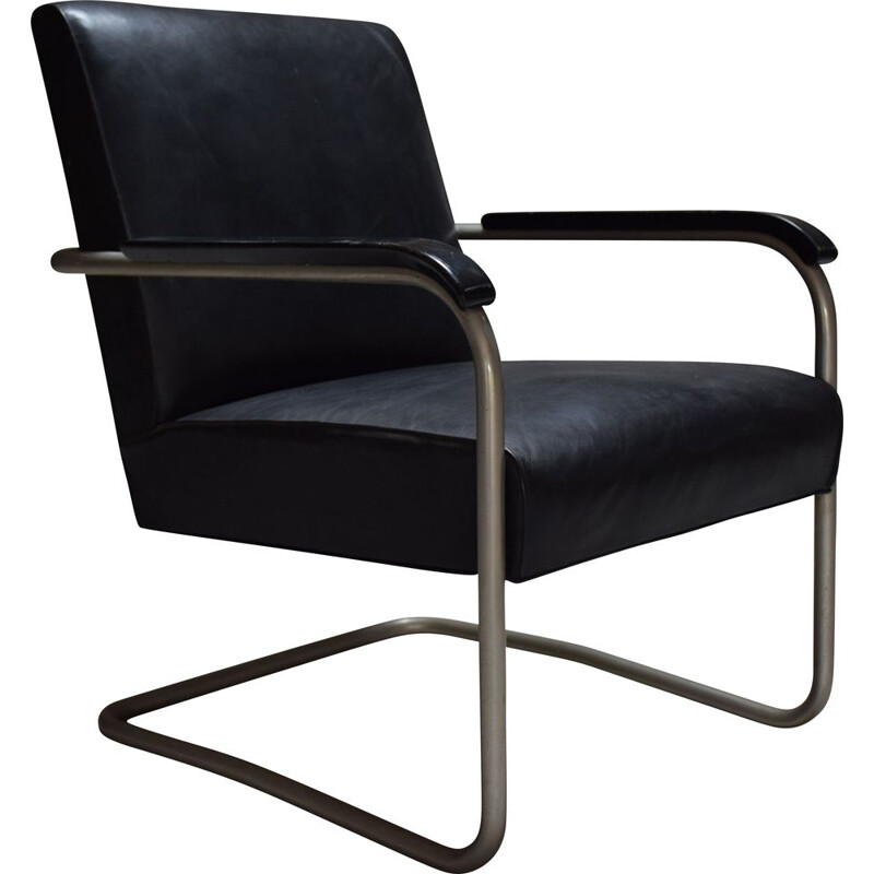 Vintage zwart lederen fauteuil B36 van Marcel Breuer 1930
