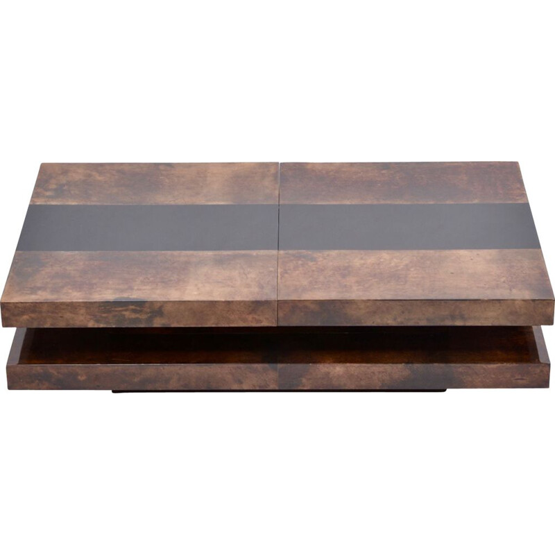 Vintage 2-tiered sliding coffee table Brown with hidden bar by Aldo Tura  Italian 1970