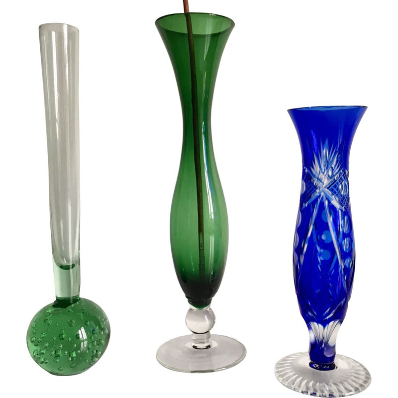 Trio of colorful vintage vases in glass and chiselled crystal