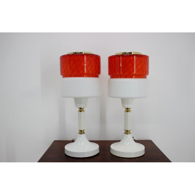 Pair of vintage glass and brass table lamps, Czech1960