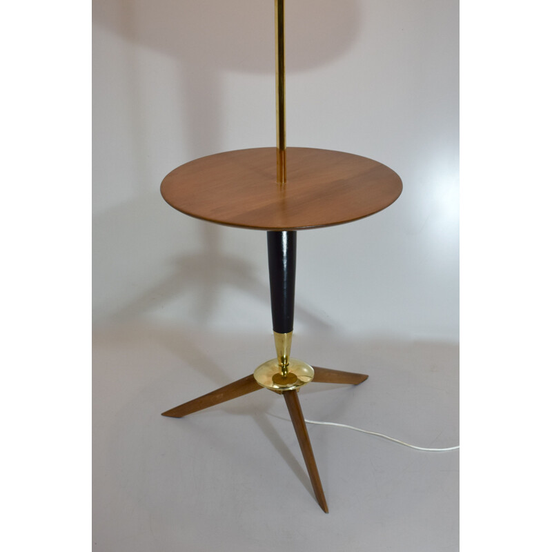 Vintage tripod floor lamp with shelf, wood and brass 1950s