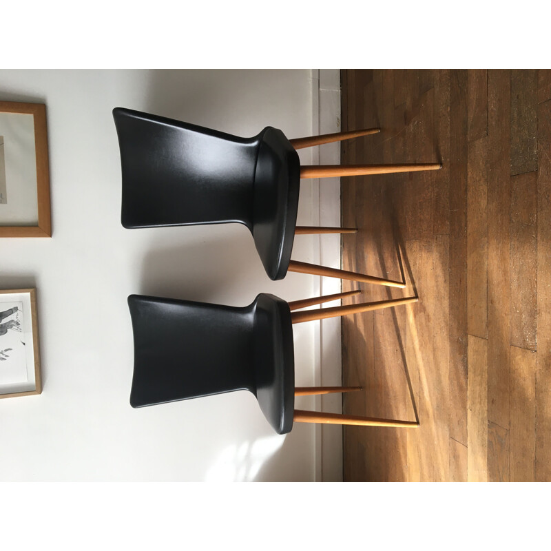 Pair of vintage wooden and skai chairs 1960