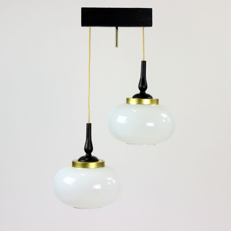 Midcentury Ceiling Light With Two Opaline Lights, Czechoslovakia 1960s