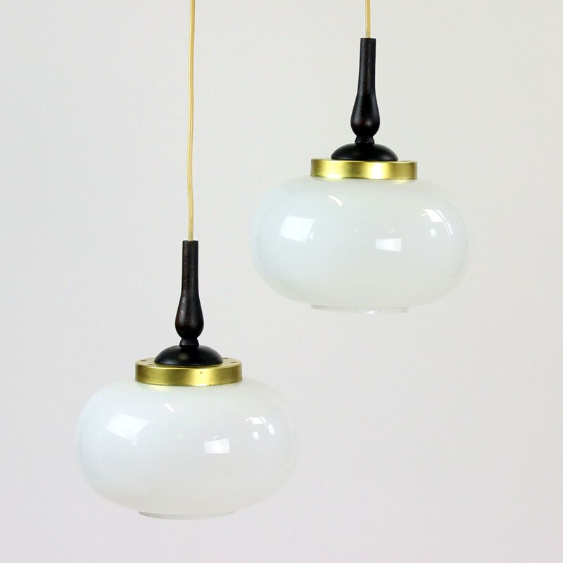 Midcentury Ceiling Light With Two Opaline Lights, Czechoslovakia 1960s