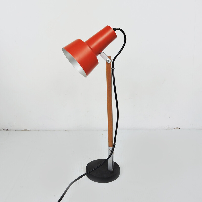 Vintage Red Desk Lamp with Wooden Arm, 1970s