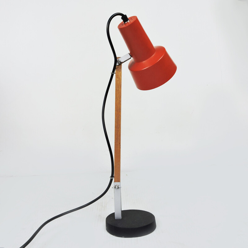 Vintage Red Desk Lamp with Wooden Arm, 1970s