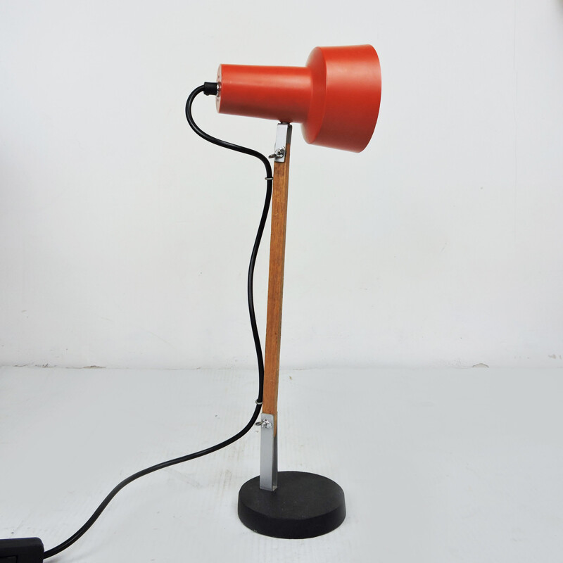 Vintage Red Desk Lamp with Wooden Arm, 1970s