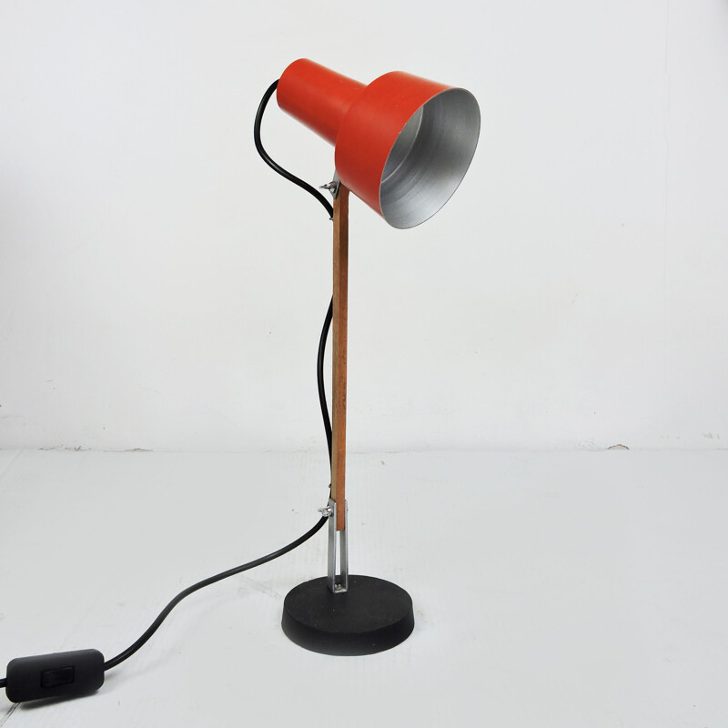 Vintage Red Desk Lamp with Wooden Arm, 1970s