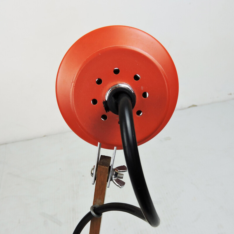 Vintage Red Desk Lamp with Wooden Arm, 1970s