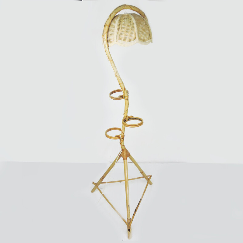 Vintage Bamboo Snake Plant Stand and Floor Lamp, 1970s