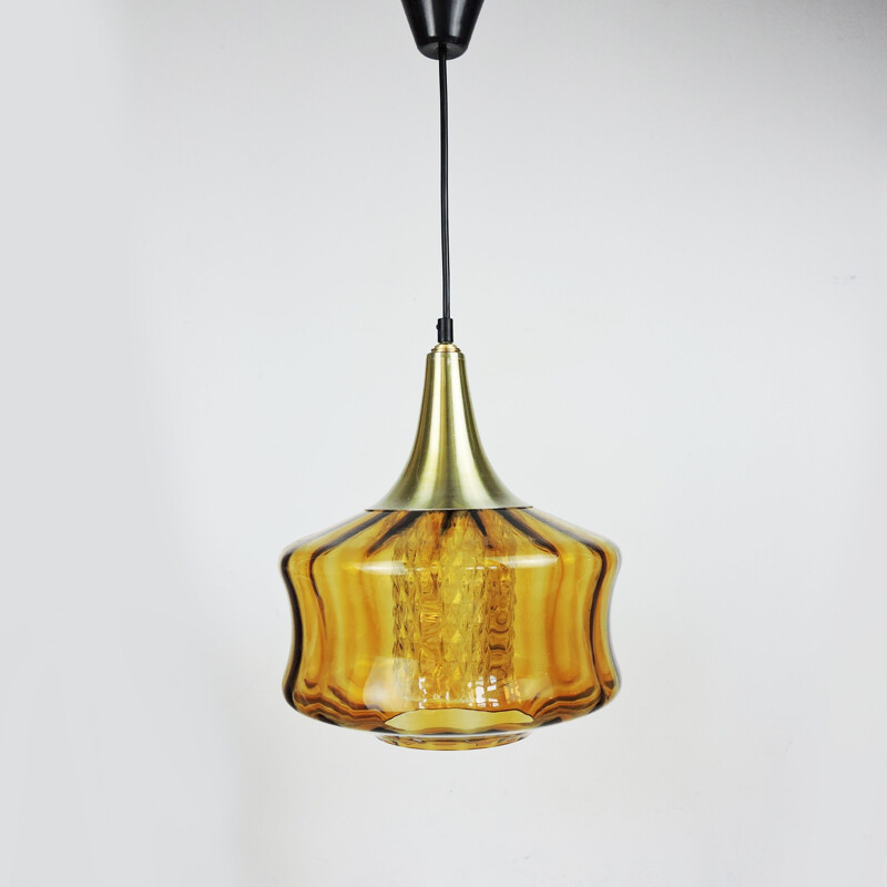 Vintage Orange Glass and Brass Pendant Lamp, 1970s