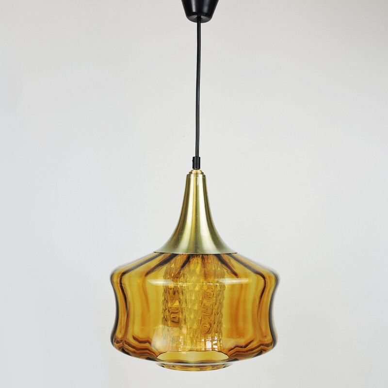 Vintage Orange Glass and Brass Pendant Lamp, 1970s