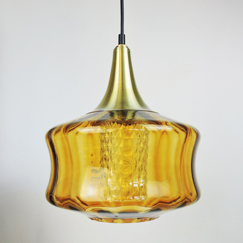 Vintage Orange Glass and Brass Pendant Lamp, 1970s