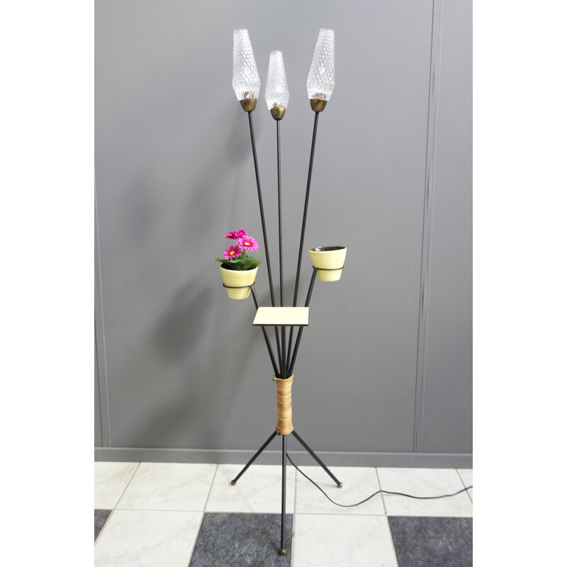 Vintage tripod floorlamp in yellow and flower pot holders 1950s