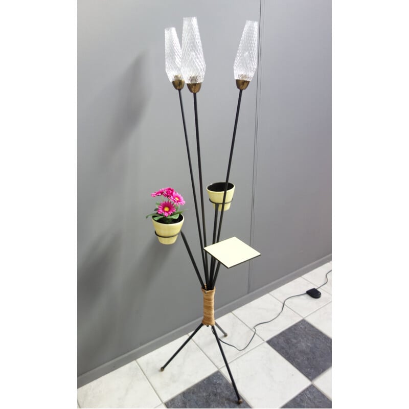 Vintage tripod floorlamp in yellow and flower pot holders 1950s