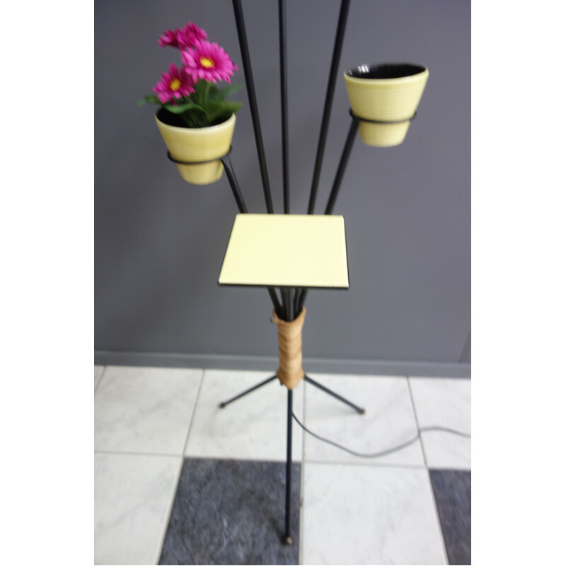 Vintage tripod floorlamp in yellow and flower pot holders 1950s