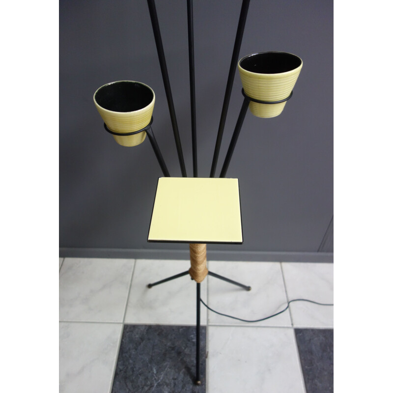 Vintage tripod floorlamp in yellow and flower pot holders 1950s