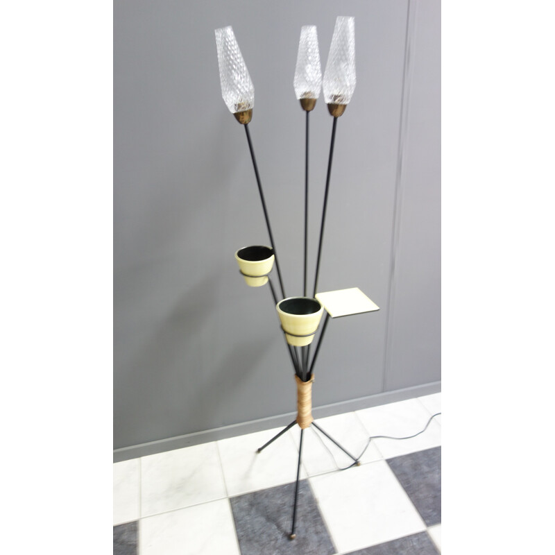 Vintage tripod floorlamp in yellow and flower pot holders 1950s