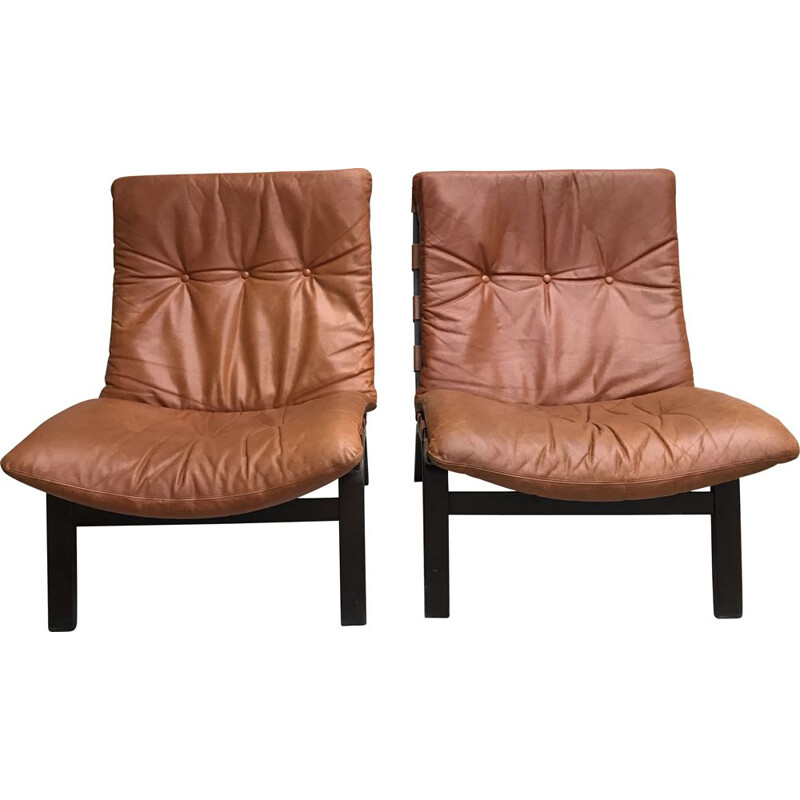 Paire de fauteuils vintage scandinave cuir cognac 1960