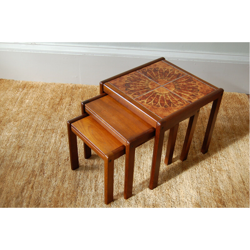Vintage Teak nest of tables with sunburst tiled top