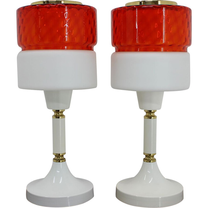 Pair of vintage glass and brass table lamps, Czech1960