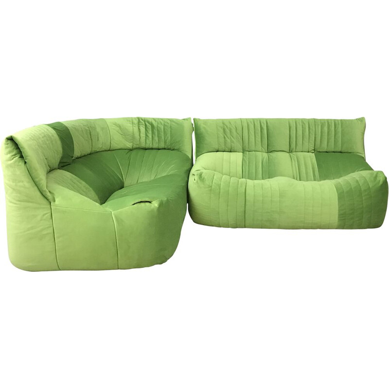 Canapé d'angle vintage vert Aralia 2 places pour Ligne Roset Français 1982