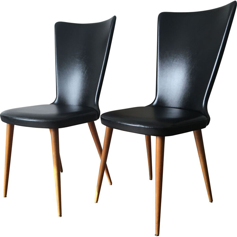 Paire de chaises vintage en bois et skai 1960