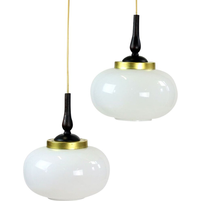 Midcentury Ceiling Light With Two Opaline Lights, Czechoslovakia 1960s