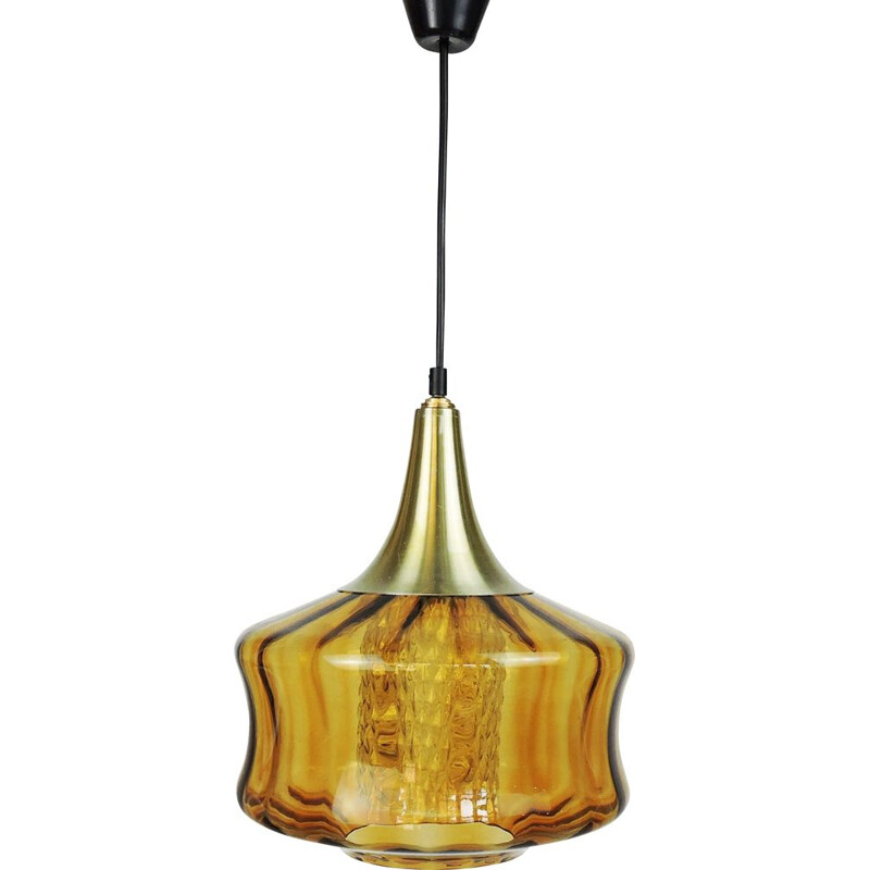 Vintage Orange Glass and Brass Pendant Lamp, 1970s