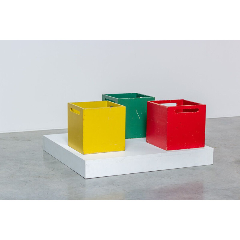 Set of 3 vintage square wooden storage boxes by De Stijl, Netherlands