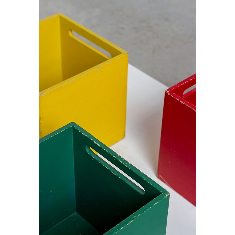 Ensemble de 3 boîtes de rangement vintage carrées en bois par De Stijl, Pays Bas