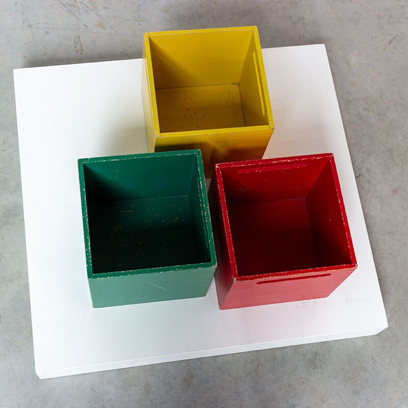 Set of 3 vintage square wooden storage boxes by De Stijl, Netherlands