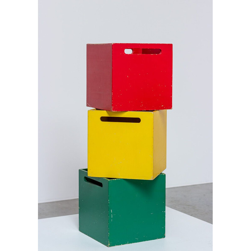 Conjunto de 3 caixas de armazenamento de madeira quadradas vintage por De Stijl, Países Baixos