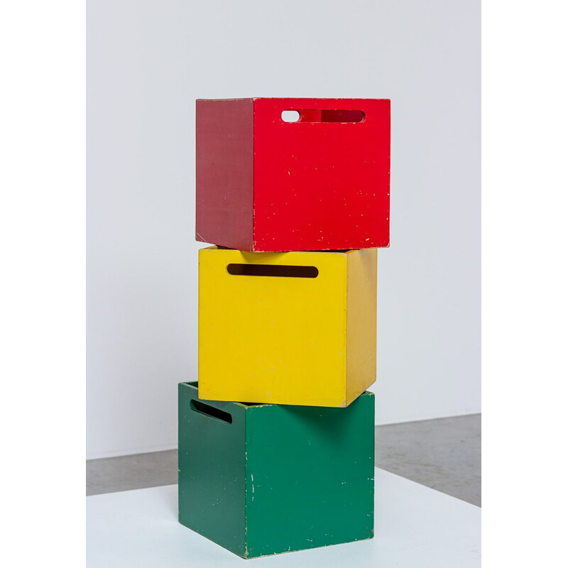 Ensemble de 3 boîtes de rangement vintage carrées en bois par De Stijl, Pays Bas