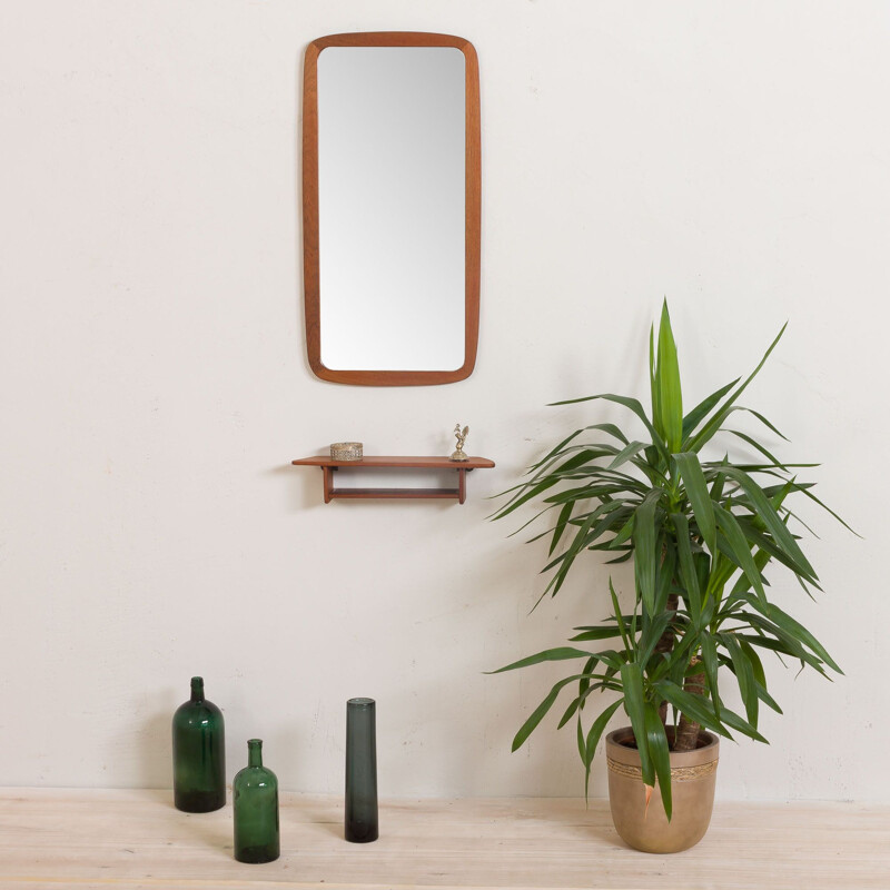 Vintage mirror with organic shape teak console JM teak Denmark, 1960s