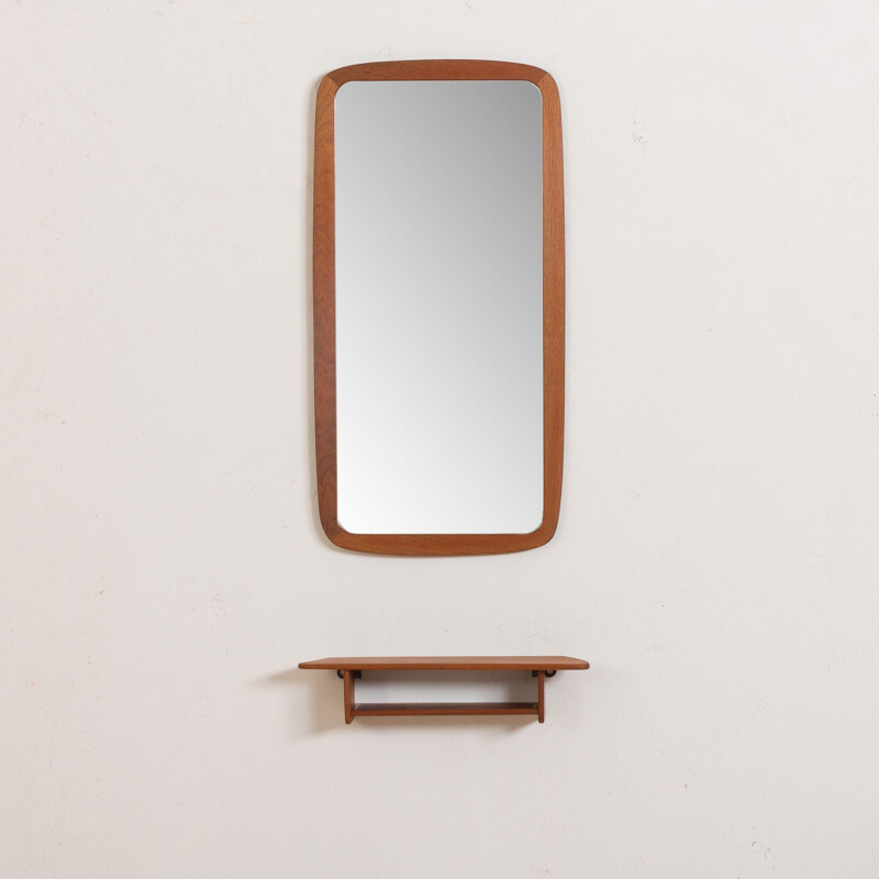 Vintage mirror with organic shape teak console JM teak Denmark, 1960s