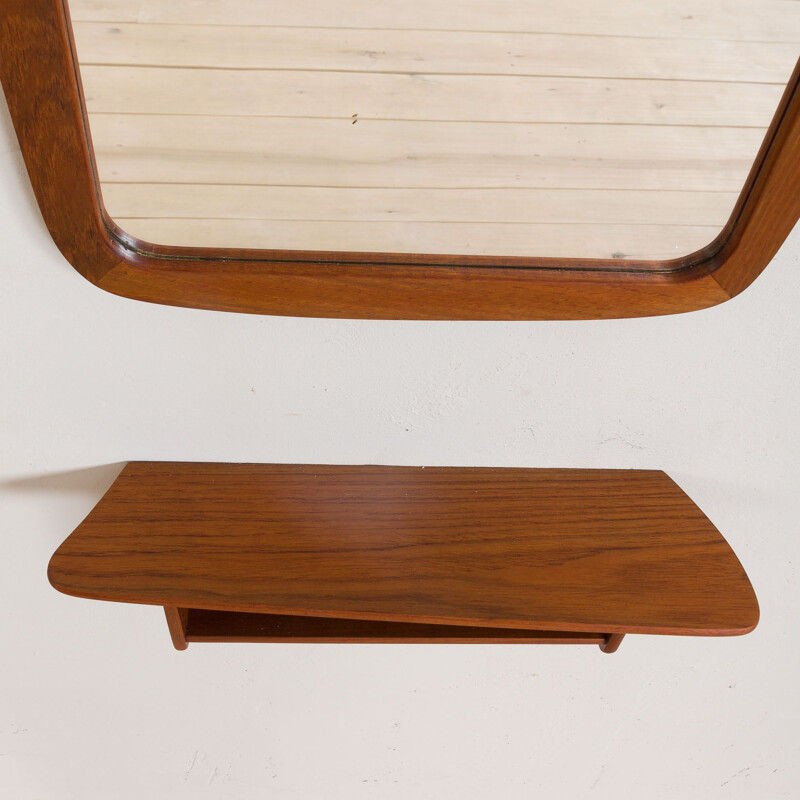 Vintage mirror with organic shape teak console JM teak Denmark, 1960s