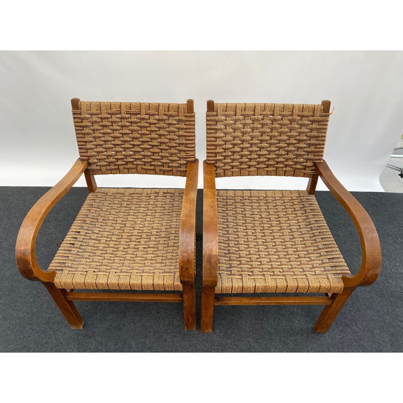 Pair of vintage beech breeze armchairs and 1950's rope 