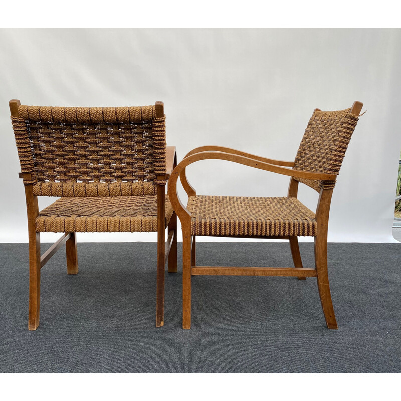 Paire de fauteuils vintage de brise hêtre et corde 1950 
