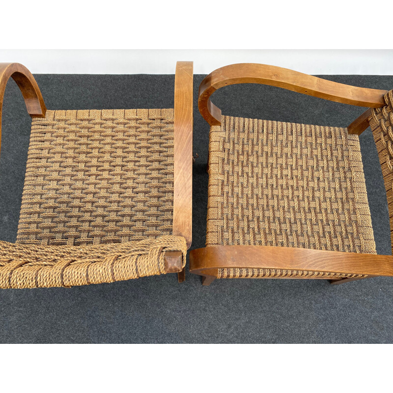 Paire de fauteuils vintage de brise hêtre et corde 1950 