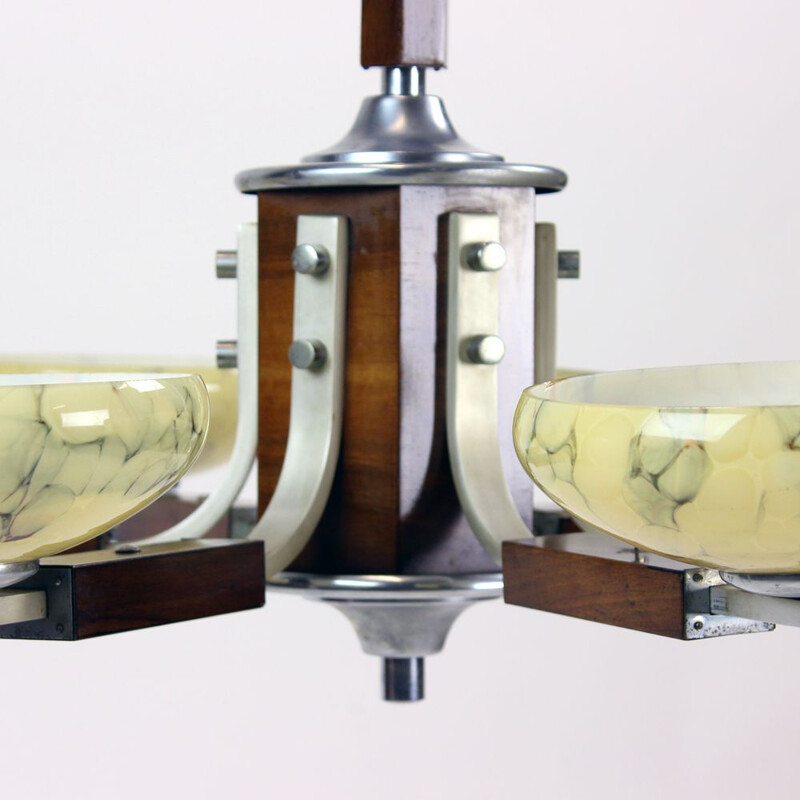 Vintage Ceiling Light In Metal & Walnut, Czechoslovakia Art Deco 1930s