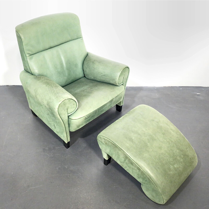 Vintage Sessel, Chaiselongue mit Hocker DS-90, grünes Leder, von Anita Schmidt für De Sede, Schweiz, 1992.