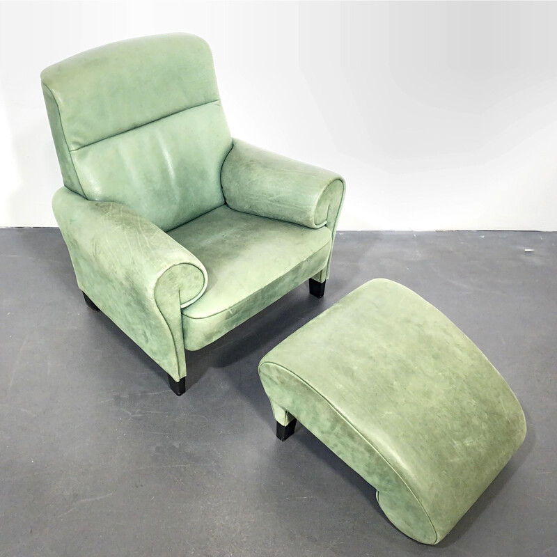 Vintage Armchair, Lounge Chair with Ottoman DS-90, green Leather, by Anita Schmidt for De Sede, Switzerland, 1992.